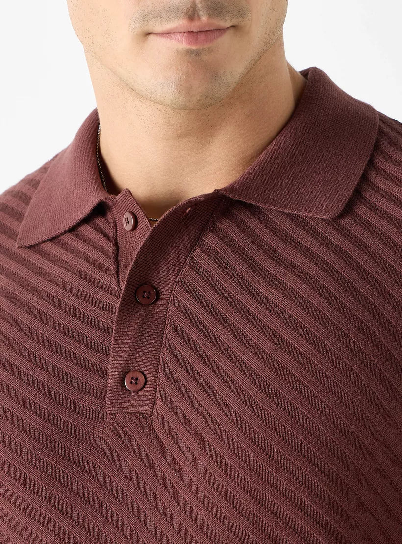 Striped Textured Polo Shirt - Burgundy