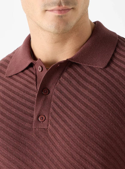 Striped Textured Polo Shirt - Burgundy