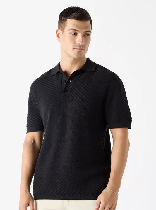 Striped Textured Polo Shirt - Black