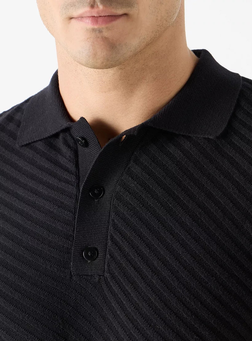 Striped Textured Polo Shirt - Black