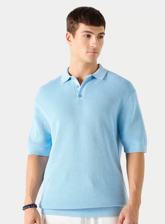 Textured Men's Polo Shirt - Light Blue