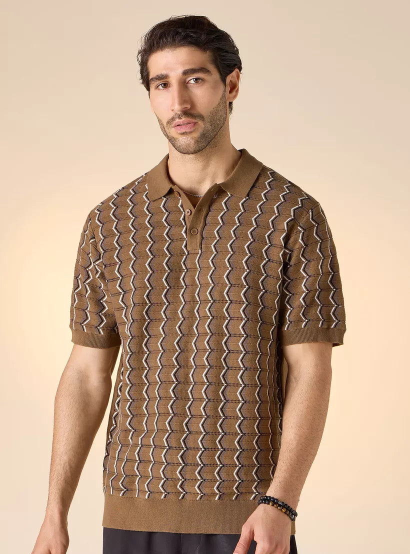 Polo Shirt with Geometric Print - Brown