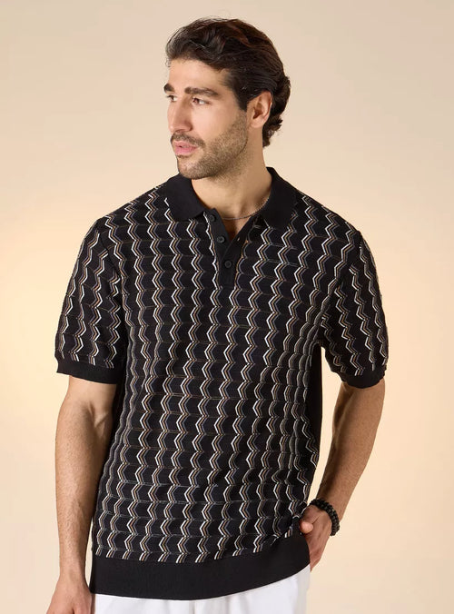 Polo Shirt with Geometric Print - Black