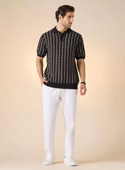 Polo Shirt with Geometric Print - Black