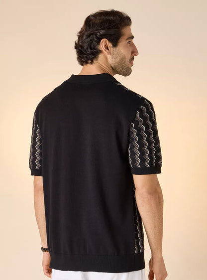 Polo Shirt with Geometric Print - Black