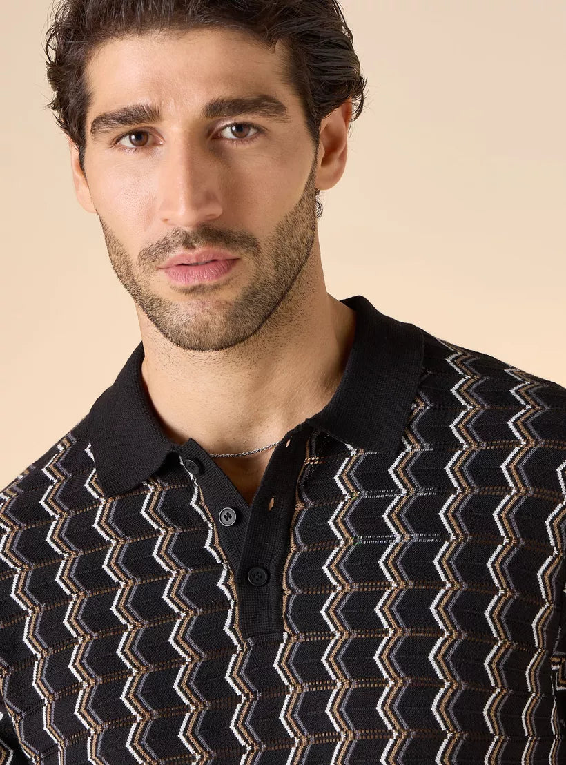 Polo Shirt with Geometric Print - Black