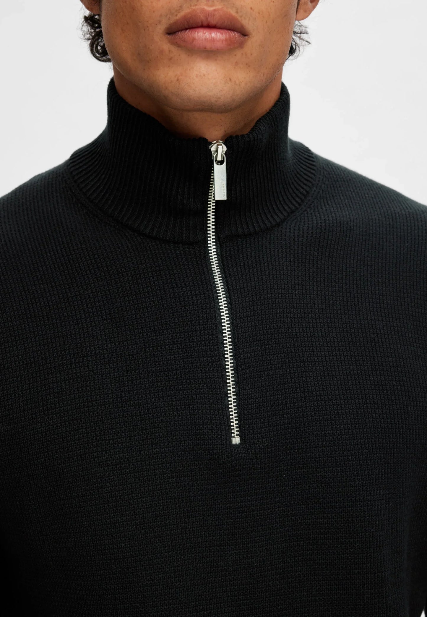 Textured Comfort Jumper with High Neck and Zip - Black