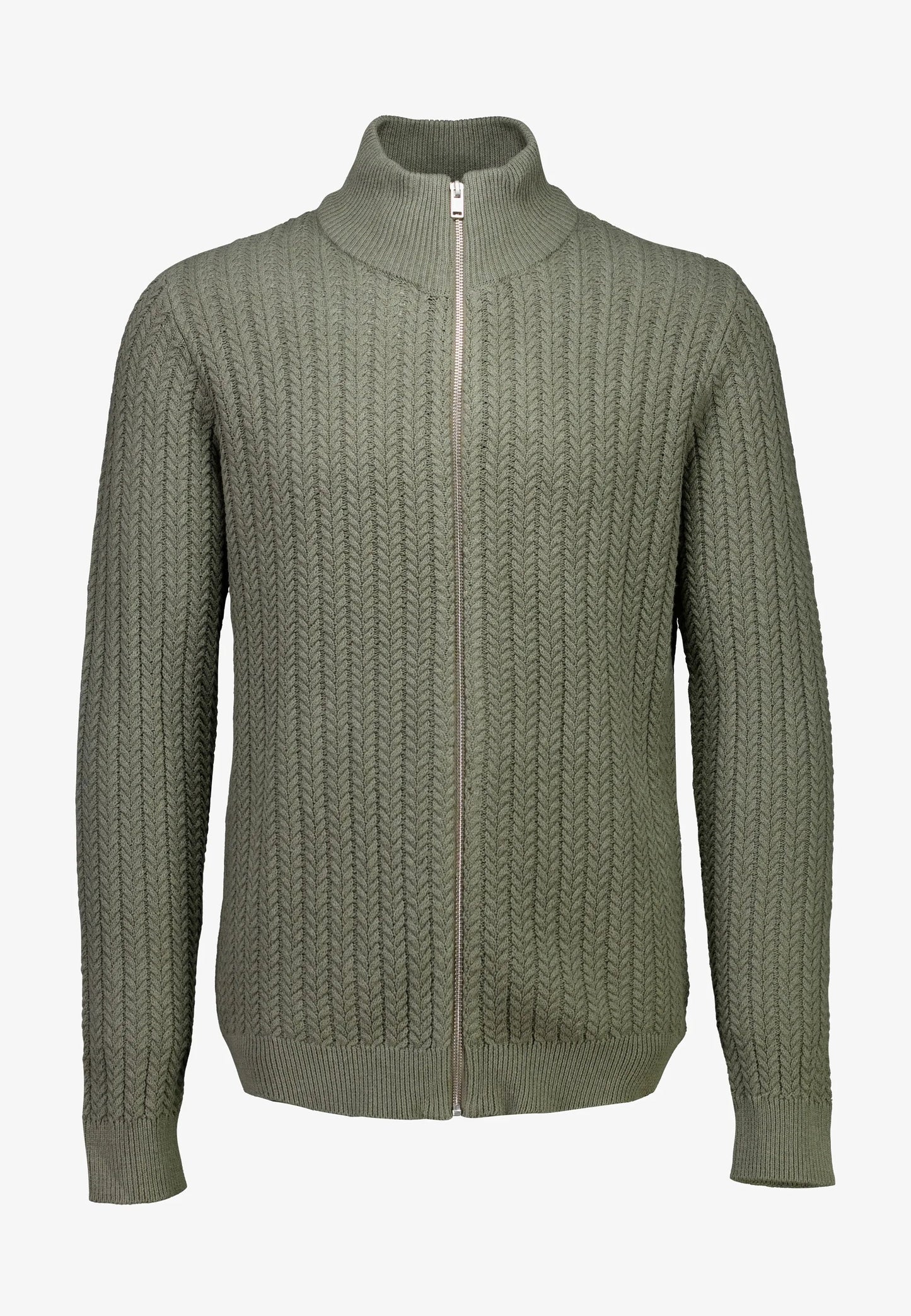 Textured Knitted Cardigan with High Neck and Zip - Moss Green