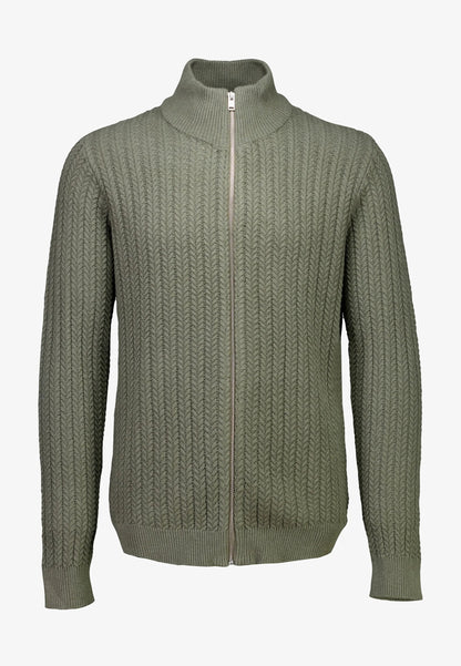 Textured Knitted Cardigan with High Neck and Zip - Moss Green
