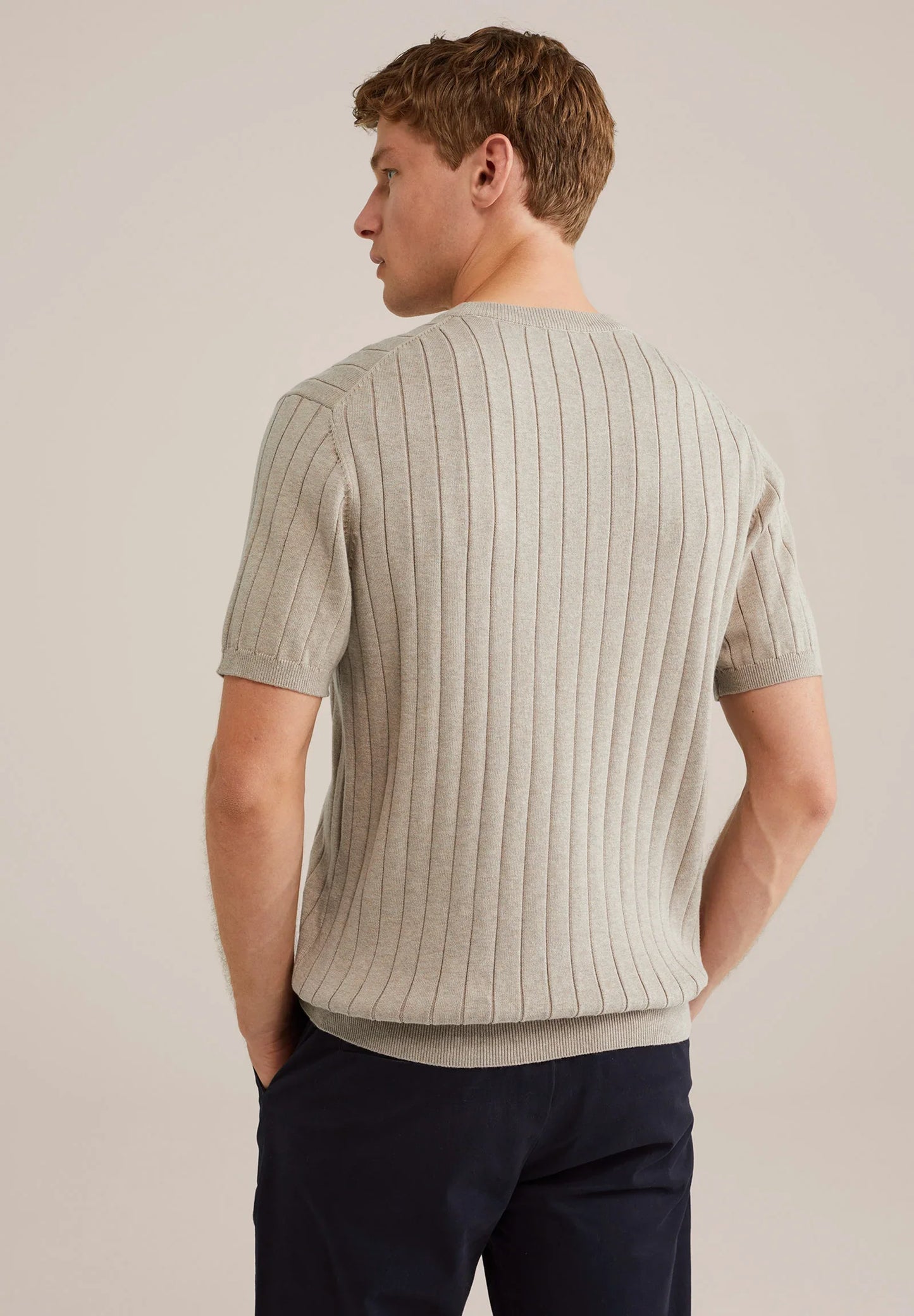 Textured Cotton Striped T-Shirt - Beige