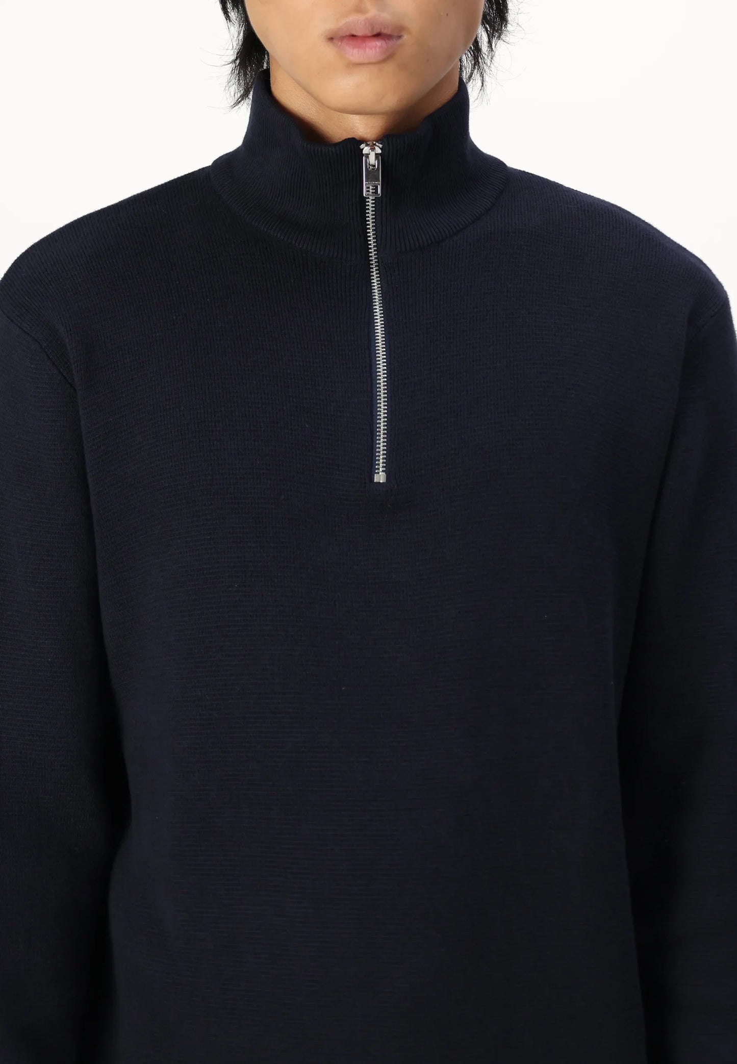 Textured Comfort Jumper with High Neck and Zipper - Navy Blue