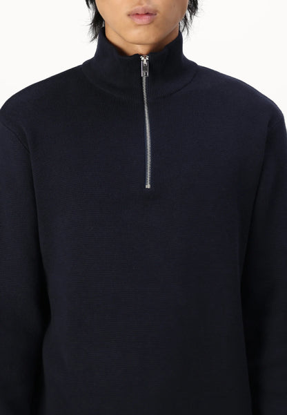 Textured Comfort Jumper with High Neck and Zipper - Navy Blue
