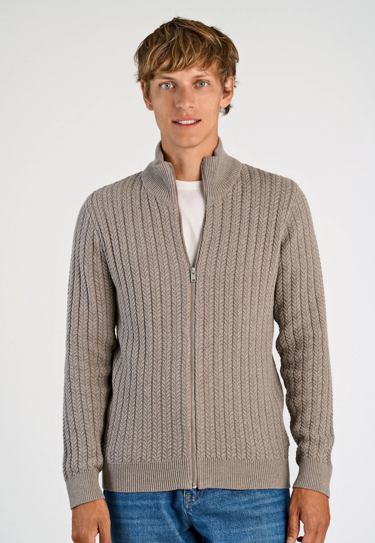 Textured Knit Cardigan with High Neck and Zip - Beige