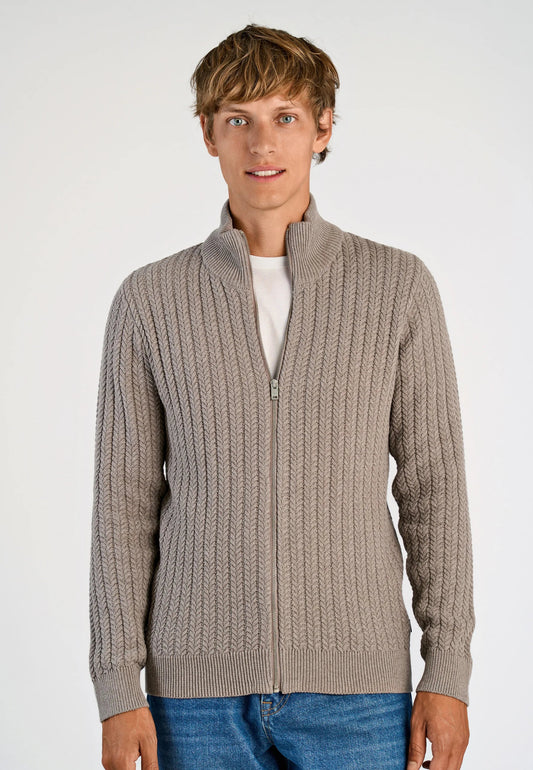 Textured Knit Cardigan with High Neck and Zip - Beige