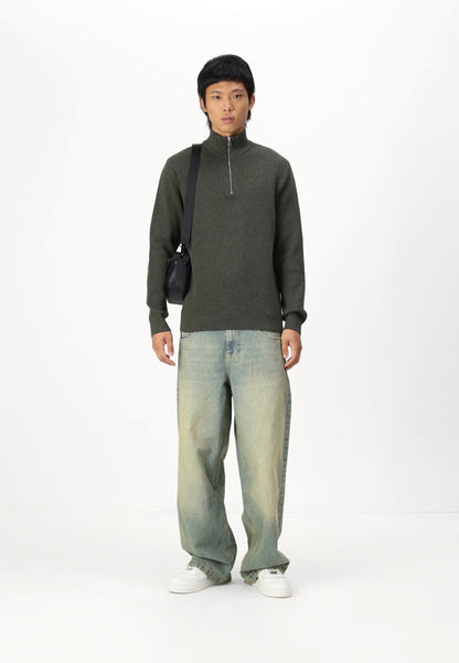 Textured Comfort Jumper with High Neck and Zip - Sage