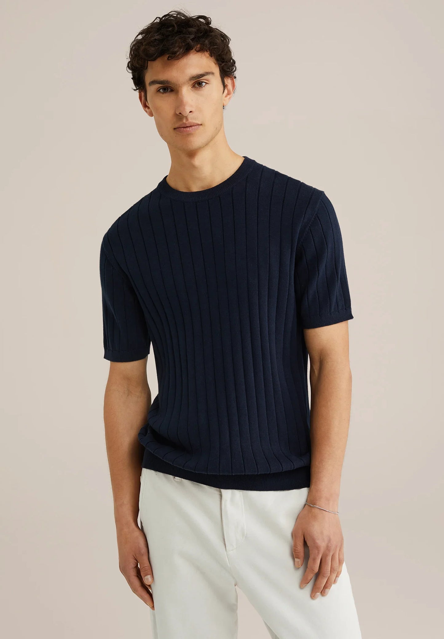 Striped Textured Cotton T-Shirt - Navy Blue