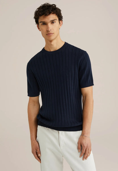 Striped Textured Cotton T-Shirt - Navy Blue