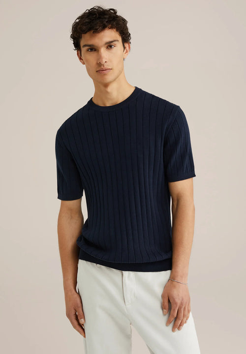 Striped Textured Cotton T-Shirt - Navy Blue