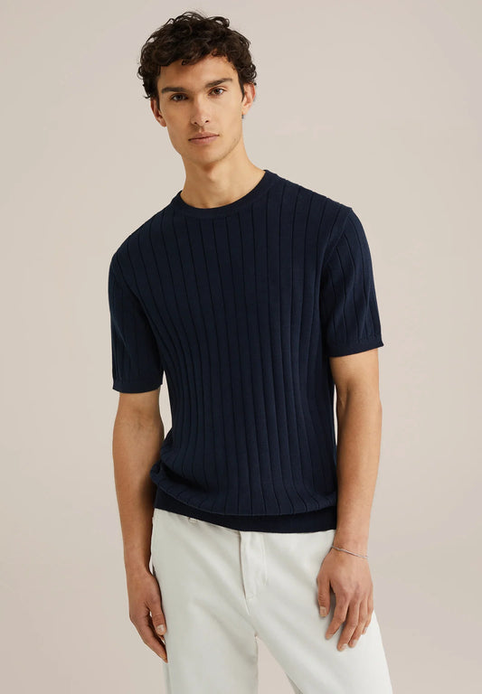 Striped Textured Cotton T-Shirt - Navy Blue