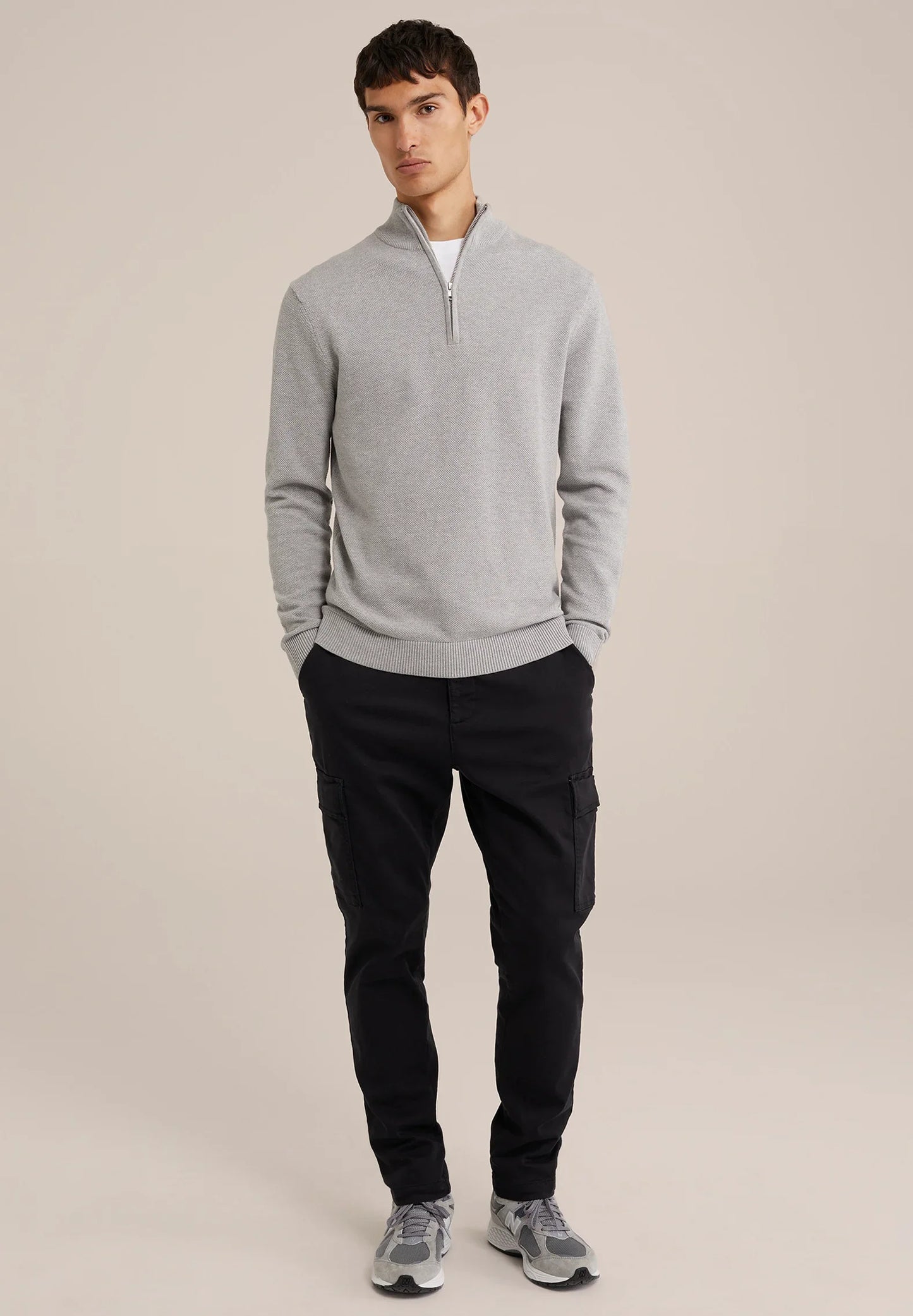 Men's Cotton Jumper with Troyer Neck and Zip - Grey