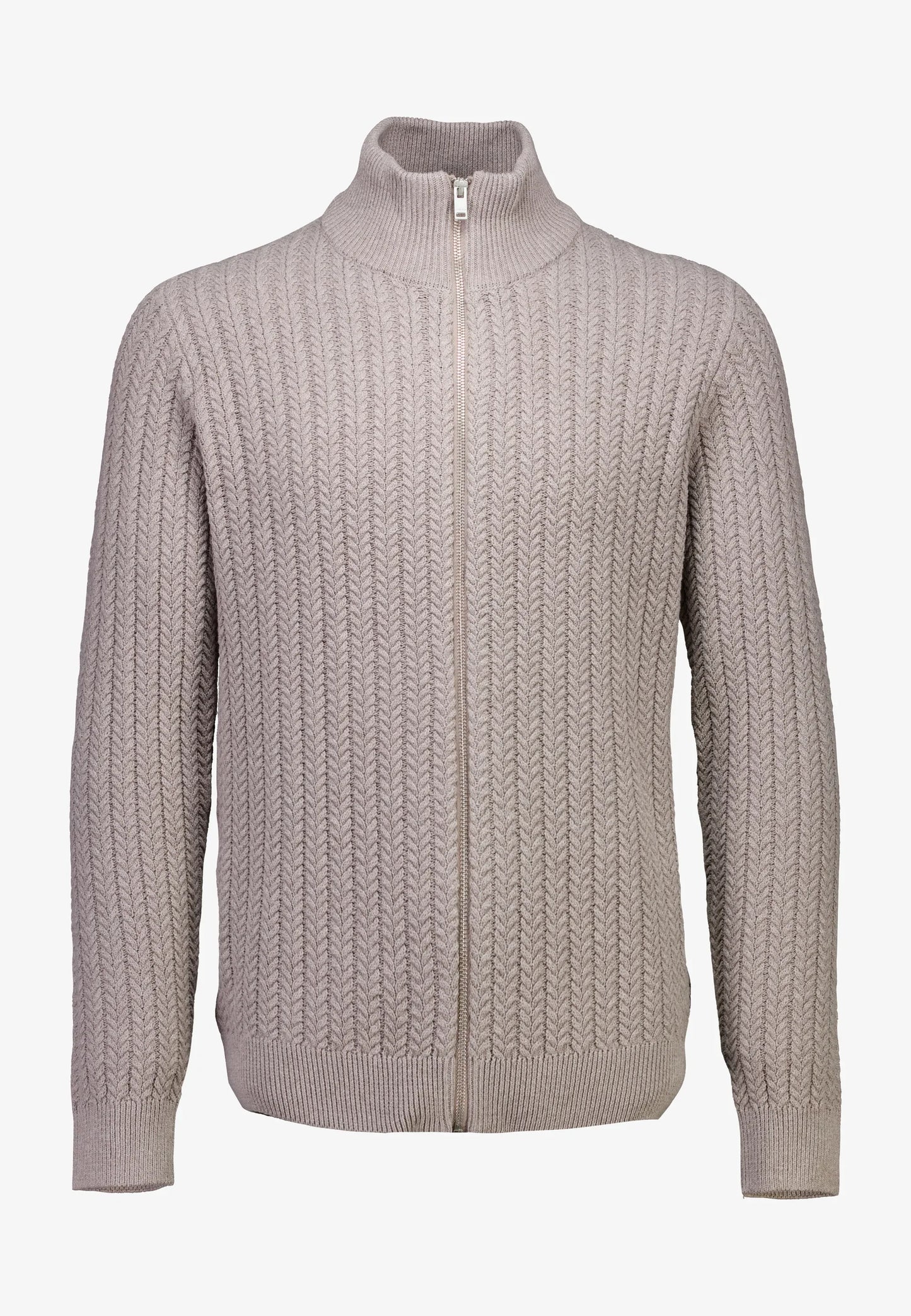 Textured Knit Cardigan with High Neck and Zip - Beige