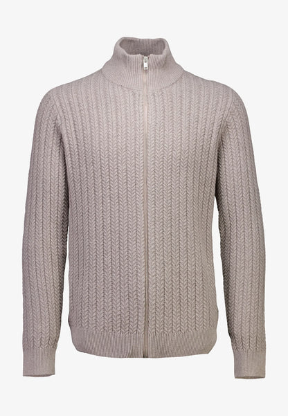 Textured Knit Cardigan with High Neck and Zip - Beige