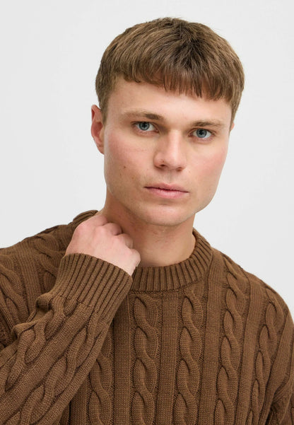 Textured Jumper with Round Neck - Brown