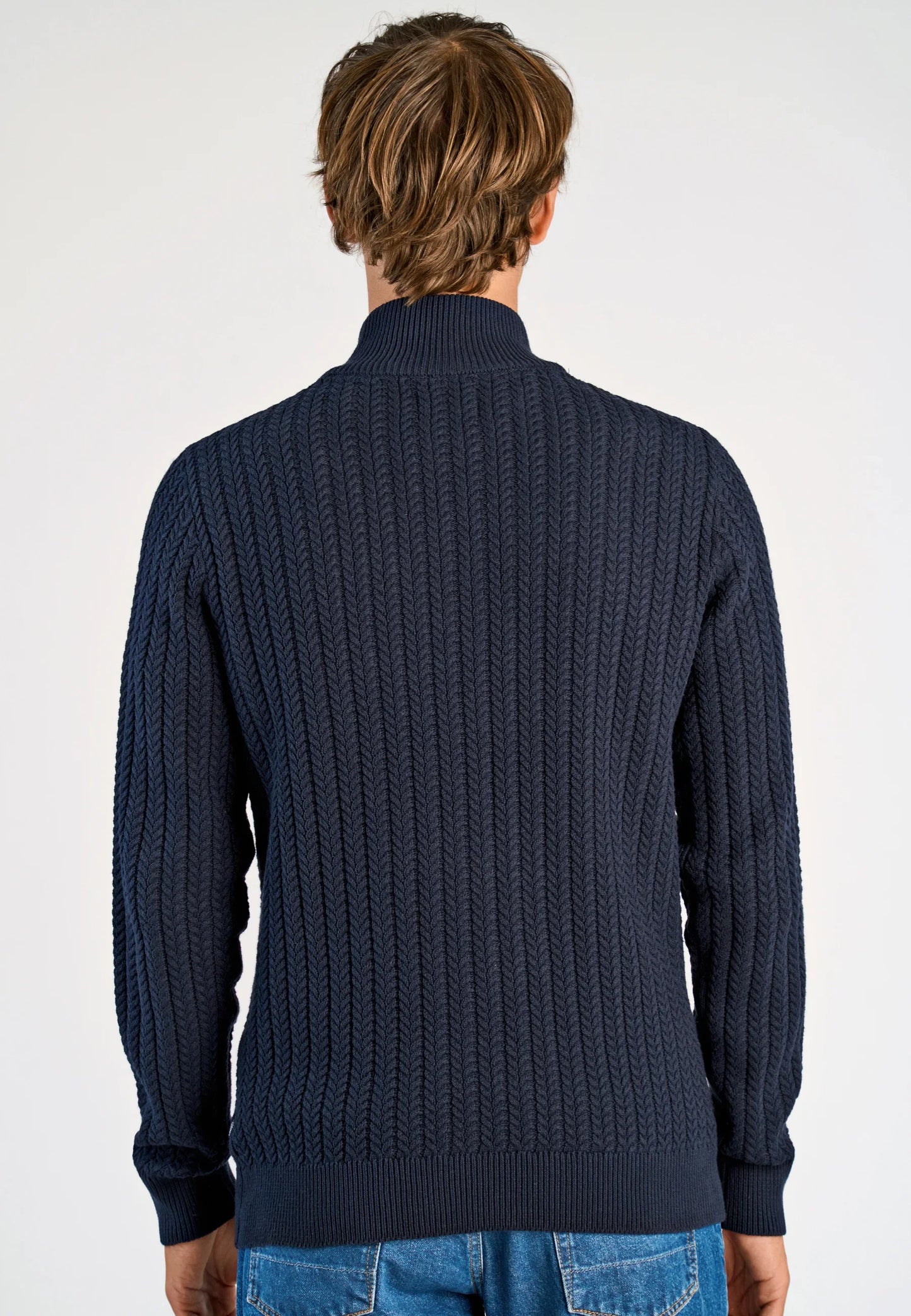 Textured Knit Cardigan with High Neck and Zipper - Navy Blue