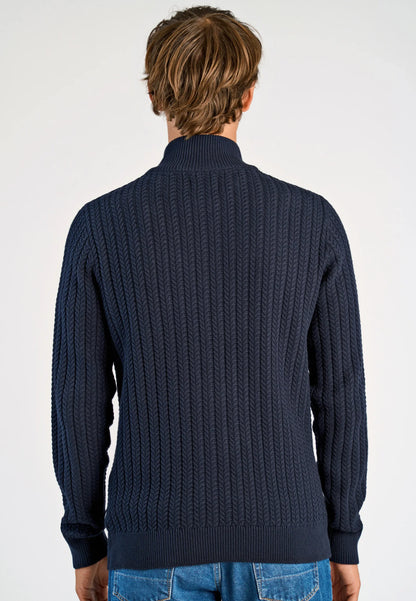Textured Knit Cardigan with High Neck and Zipper - Navy Blue