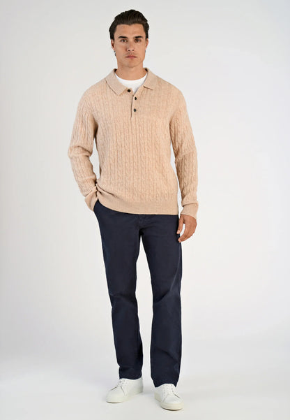 Men's Knitted Long Sleeve Polo Shirt - Beige