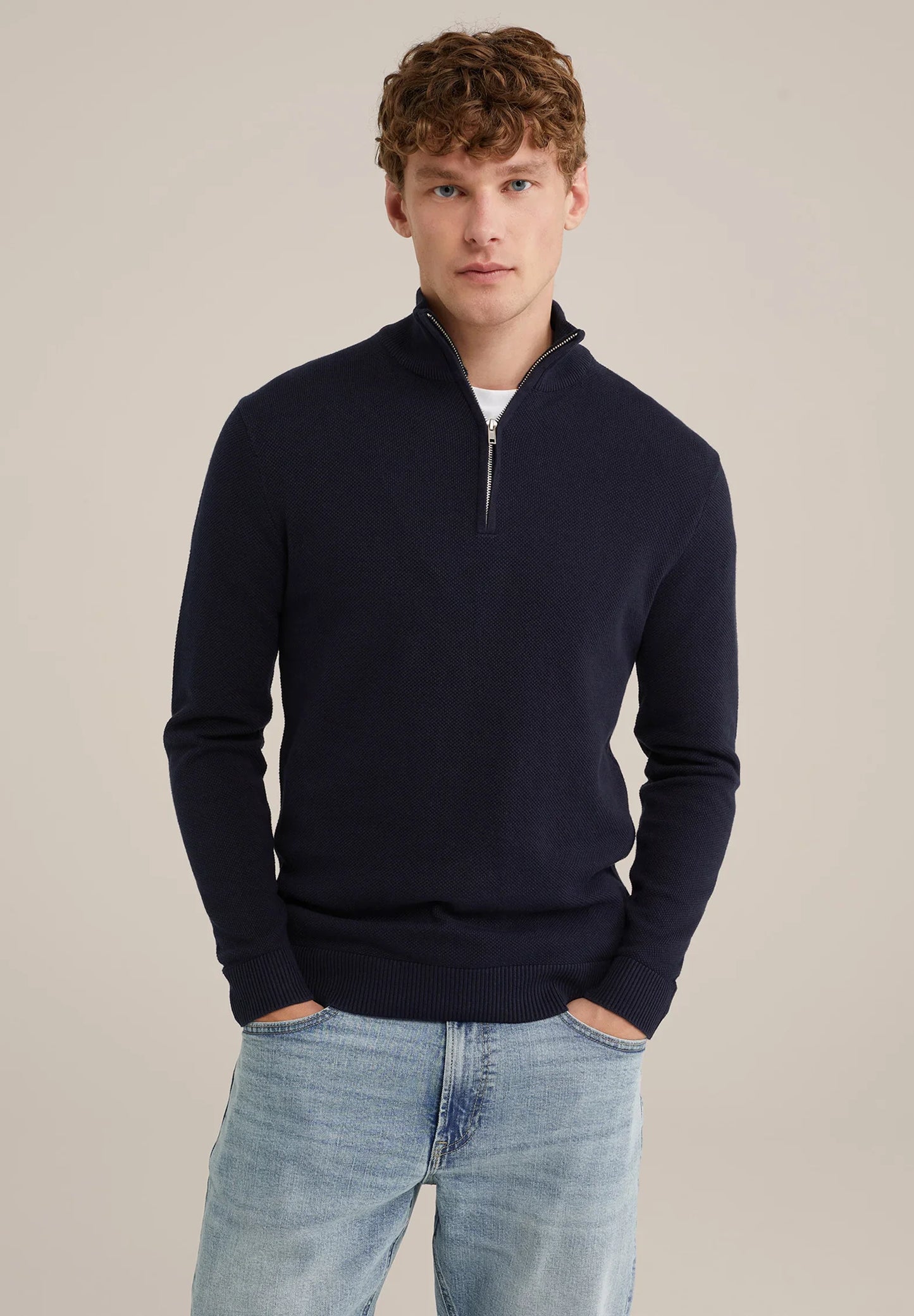 Men's Cotton Jumper with Troyer Neck and Zip - Navy Blue