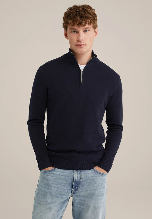 Men's Cotton Jumper with Troyer Neck and Zip - Navy Blue