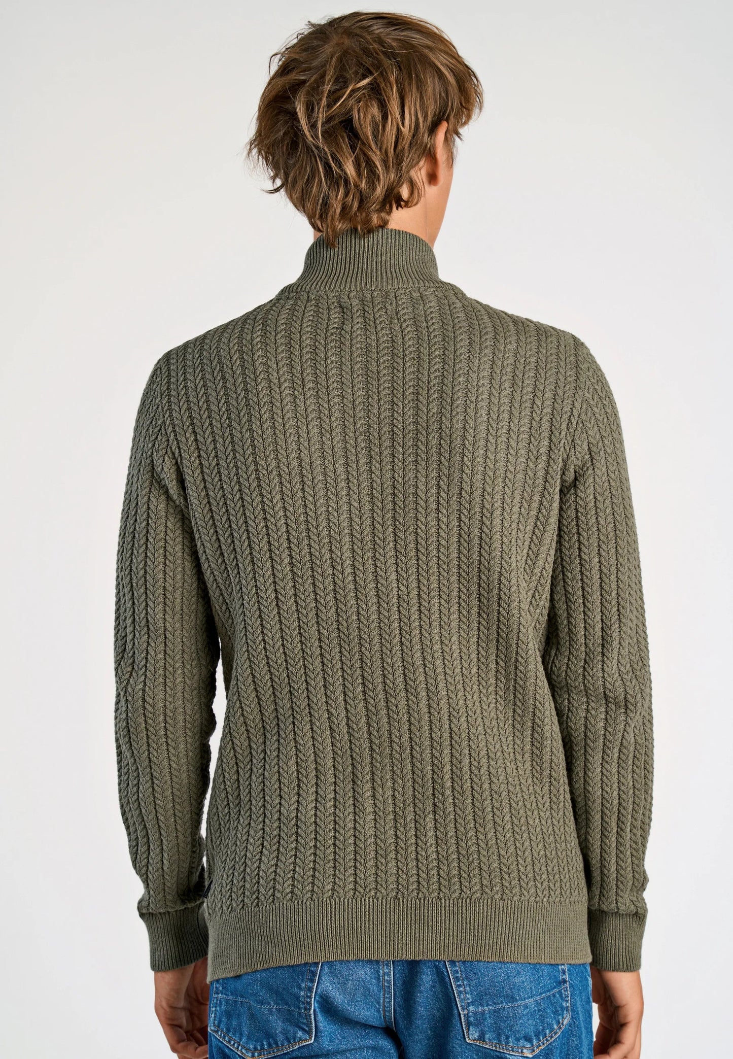 Textured Knitted Cardigan with High Neck and Zip - Moss Green
