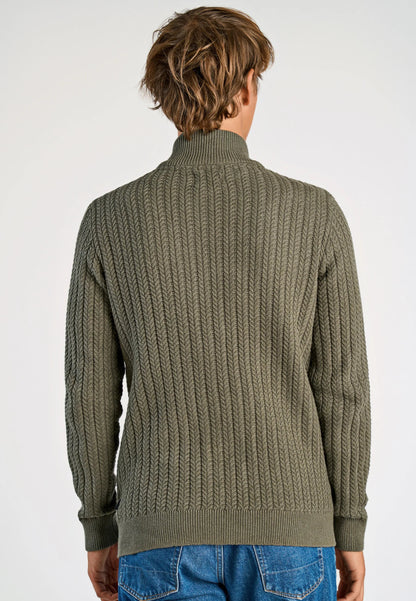 Textured Knitted Cardigan with High Neck and Zip - Moss Green