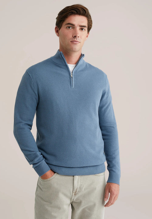Men's Cotton Jumper with Troyer Collar and Zip - Light Blue