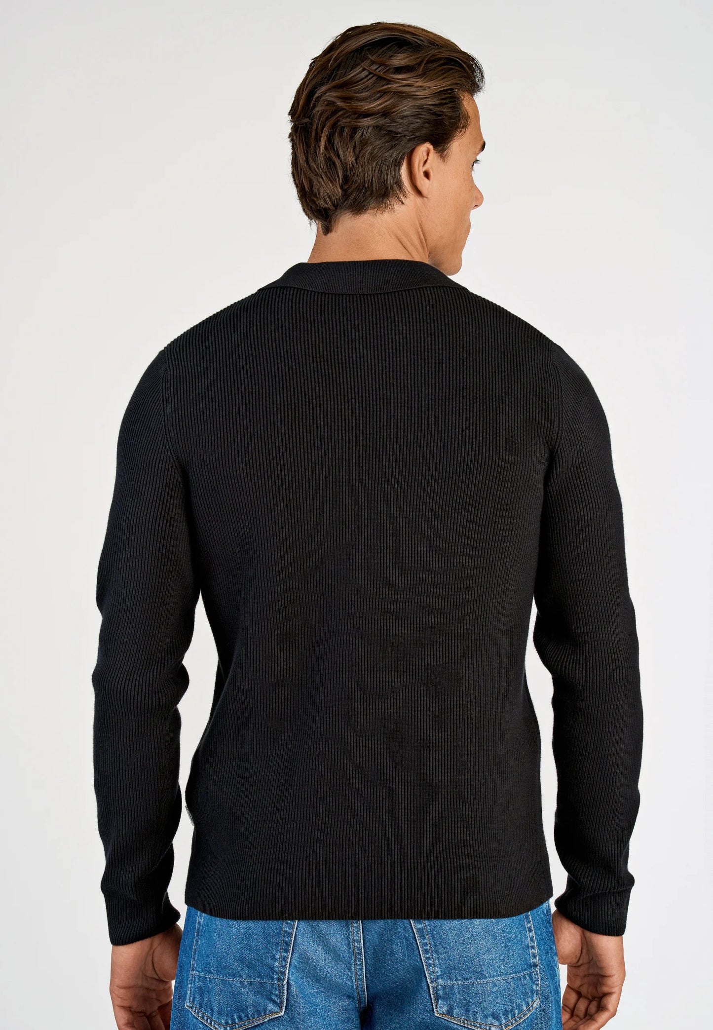 Men's Textured Long Sleeve Polo Shirt - Black