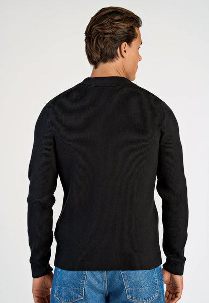 Men's Textured Long Sleeve Polo Shirt - Black