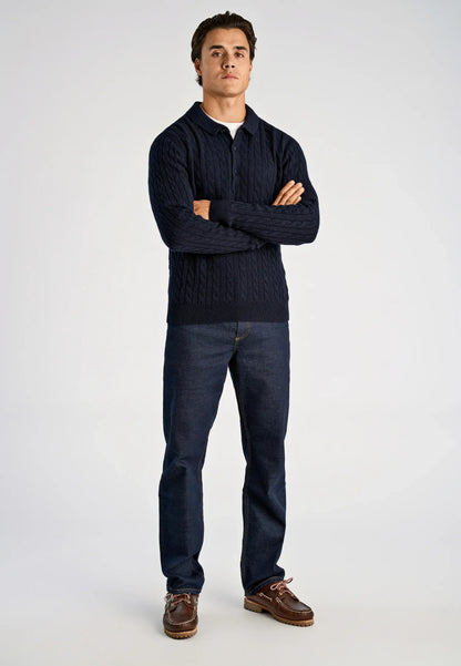 Men's Long Sleeve Knitted Polo Shirt - Navy Blue