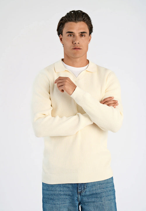 Men's Textured Long Sleeve Polo Shirt - Off White