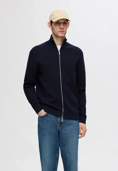 Comfort Cardigan with High Neck and Zip - Navy Blue