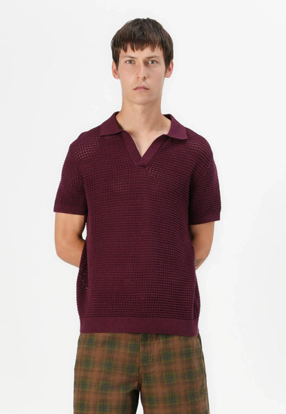 Polo Collar Shirt with Knit Texture - Wine