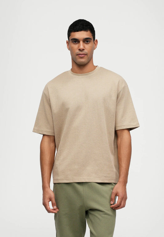 Men's Basic Oversized Round Neck T-Shirt - Beige