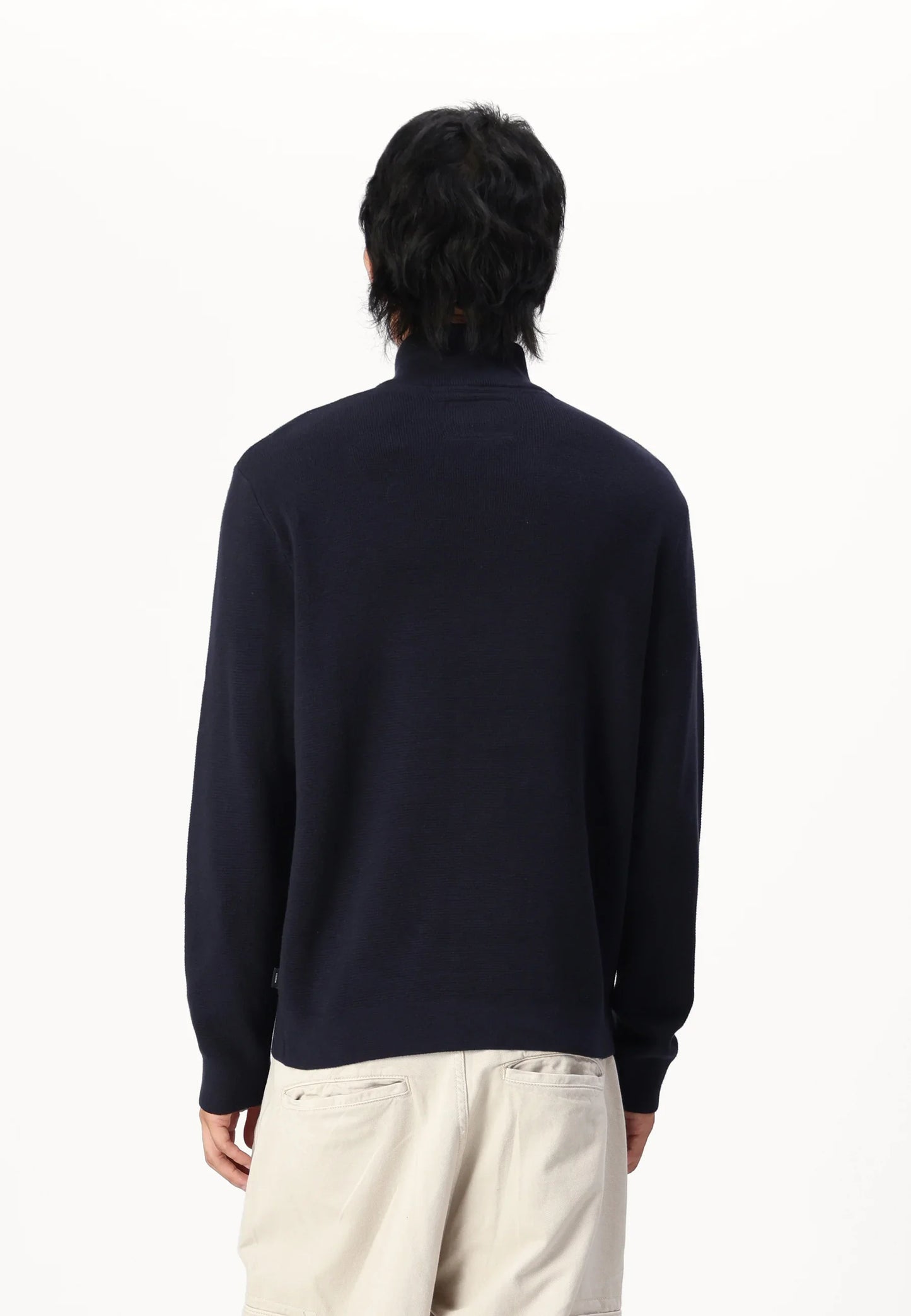 Textured Comfort Jumper with High Neck and Zipper - Navy Blue