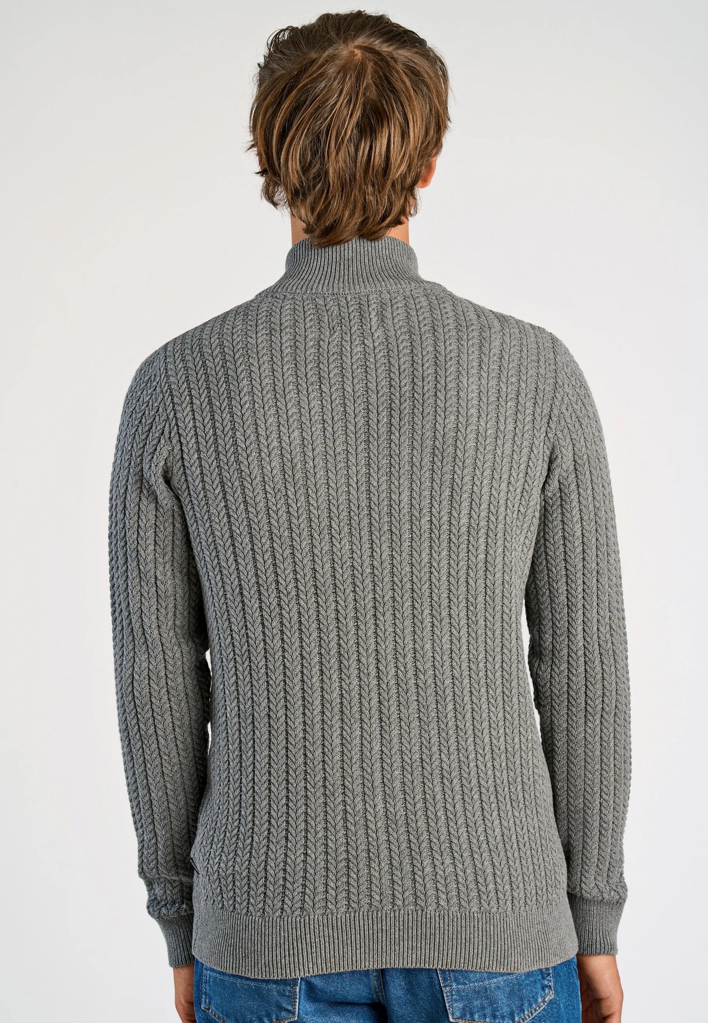 Textured Knit Cardigan with High Neck and Zipper - Grey