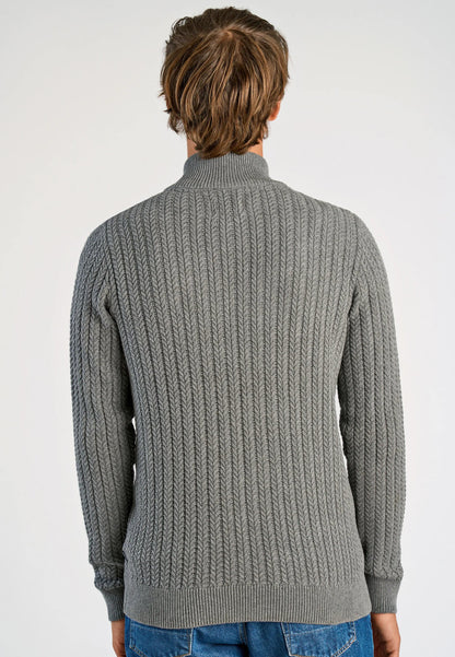 Textured Knit Cardigan with High Neck and Zipper - Grey