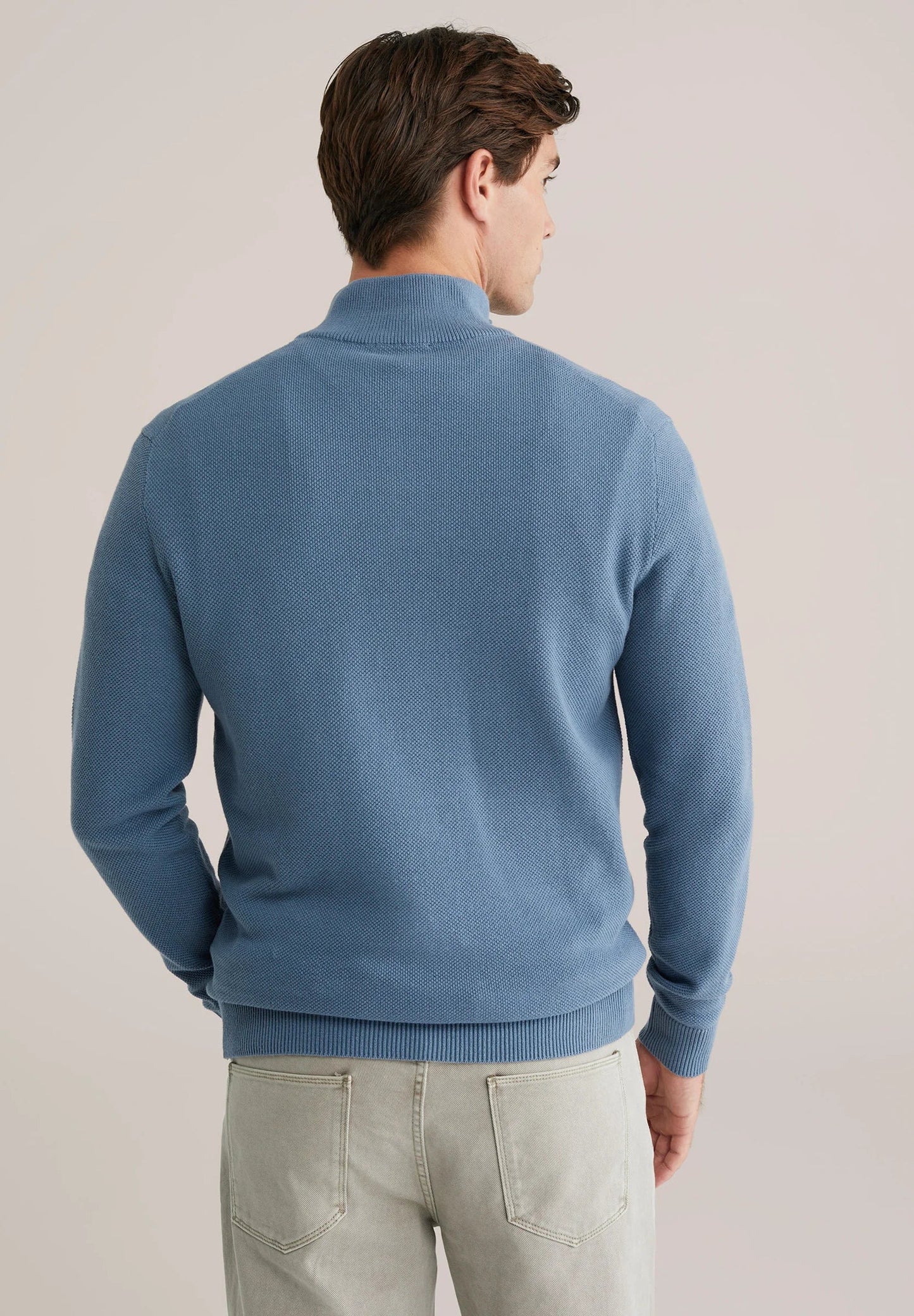 Men's Cotton Jumper with Troyer Collar and Zip - Light Blue
