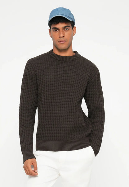 Men's Textured Round Neck Jumper - Brown