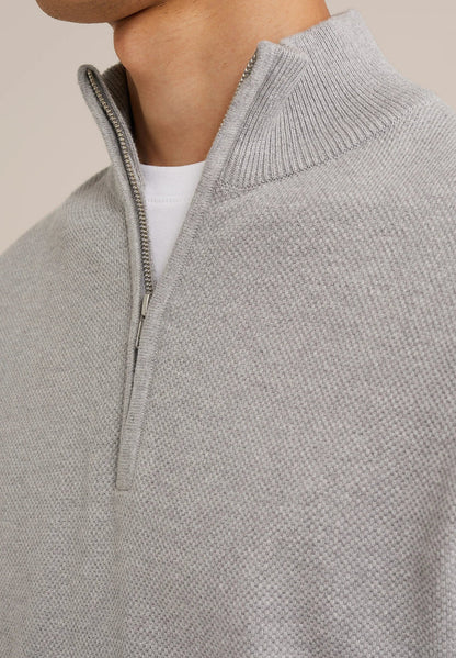 Men's Cotton Jumper with Troyer Neck and Zip - Grey