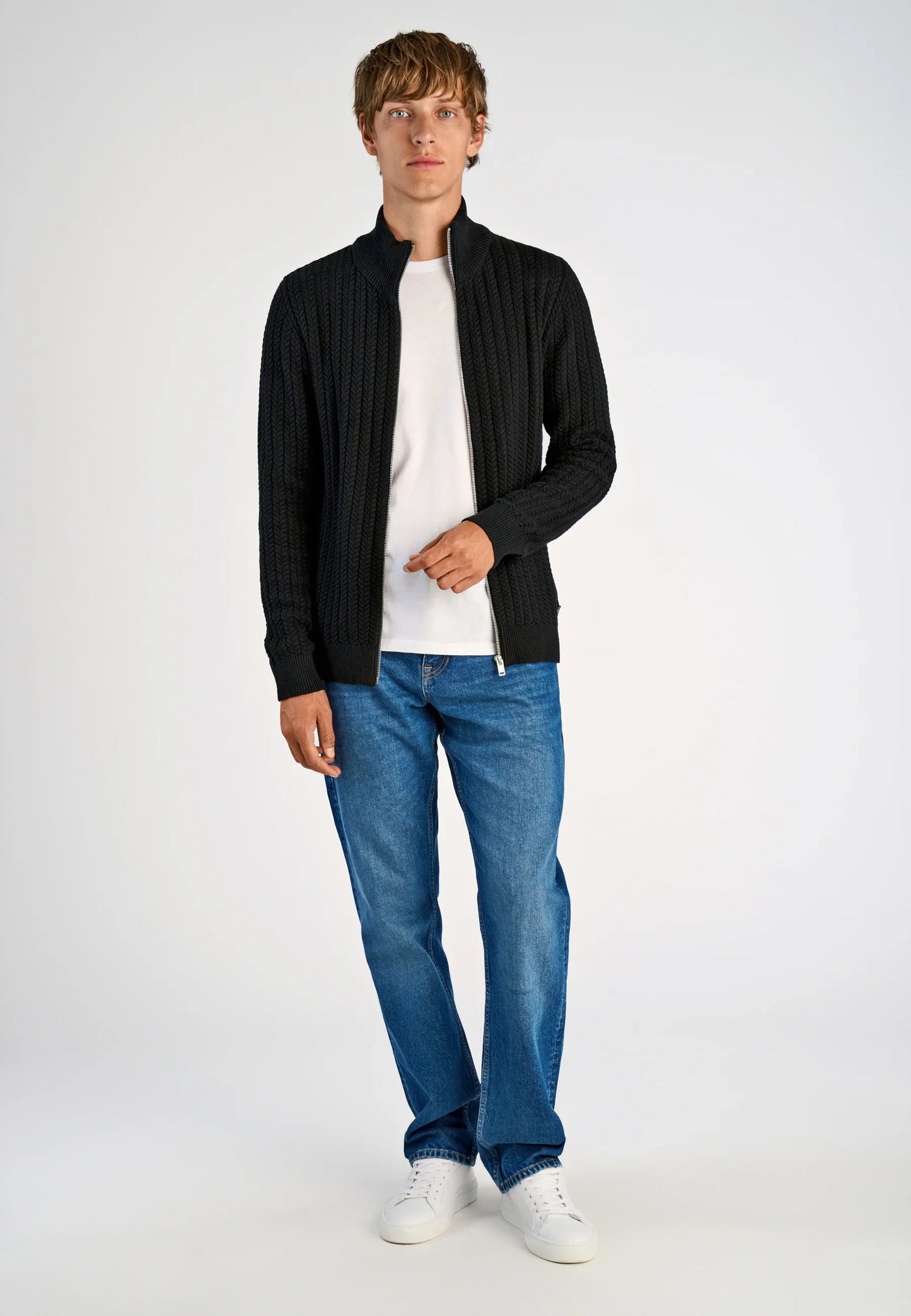 Textured Knit Cardigan with High Neck and Zipper - Black