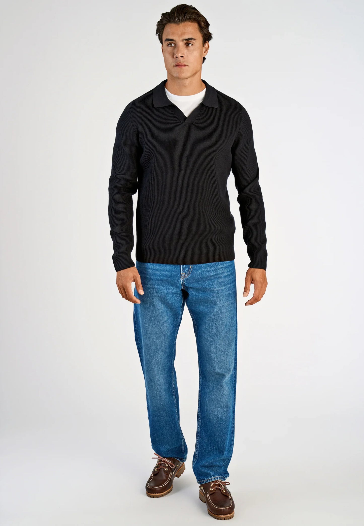 Men's Textured Long Sleeve Polo Shirt - Black